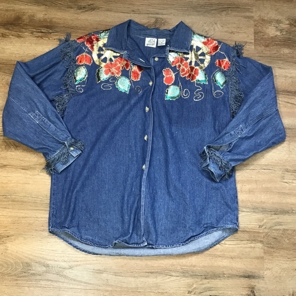 Vtg Sasson Shirt Size M 90’s Denim Jean Hand Painted Glitter Fringe Button Down